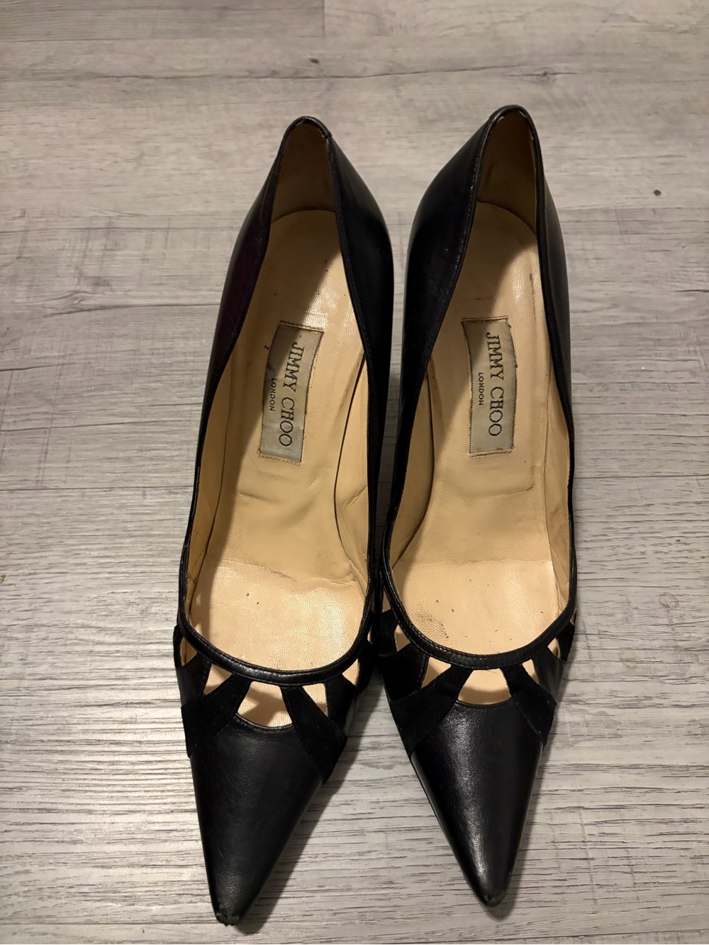 Jimmy Choo Black Pointed Toe Velvet Cutout Leather Pumps